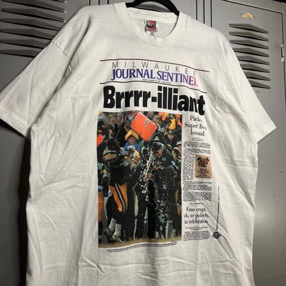 Vintage 1990s Green Bay Packers Super Bowl Bound x Milwaukee Journal Sentinel Brrr-illiant Single Stitch Fruit of the Loom T-Shirt
