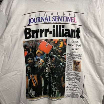 Vintage 1990s Green Bay Packers Super Bowl Bound x Milwaukee Journal Sentinel Brrr-illiant Single Stitch Fruit of the Loom T-Shirt