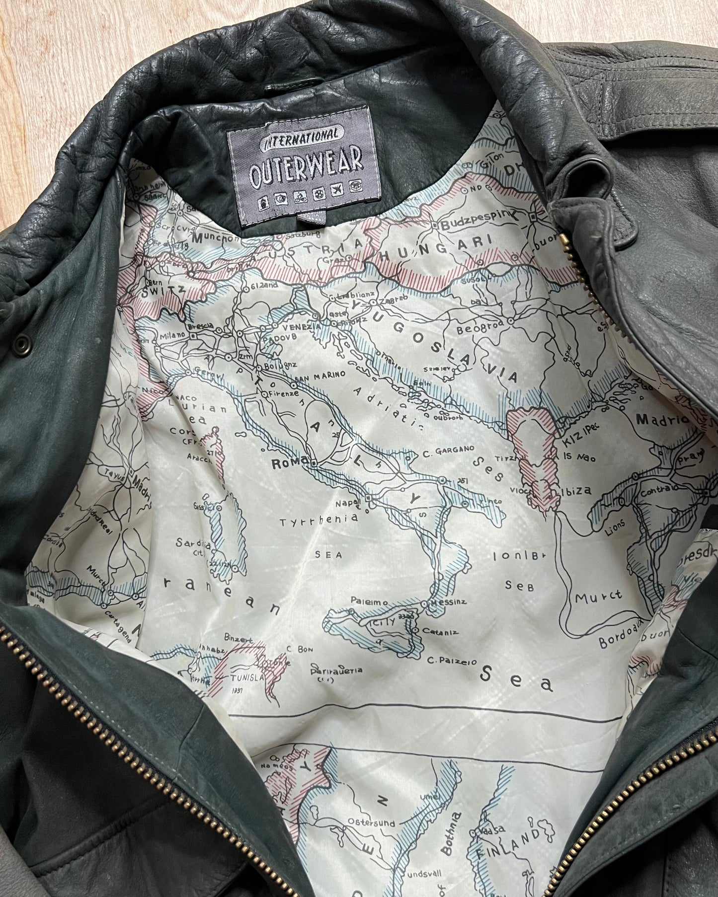 International Outerwear Map Lined Leather Jacket