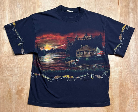 Vintage AOP Anglers Haven Cabin Scene T-Shirt