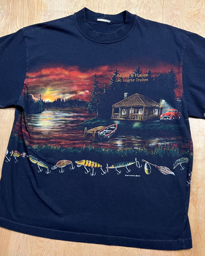 Vintage AOP Anglers Haven Cabin Scene T-Shirt