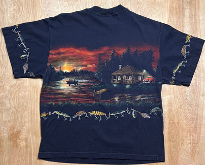 Vintage AOP Anglers Haven Cabin Scene T-Shirt