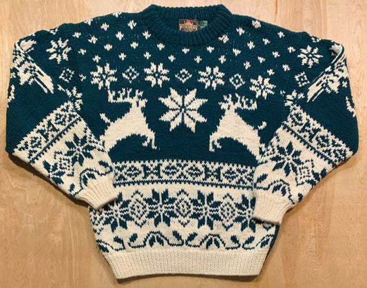 Vintage Hand Knit Reindeer and Snowflakes Holiday Sweater