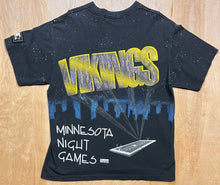 Load image into Gallery viewer, Rare Vintage Minnesota Viking &quot;Night Games&quot; AOP Single Stitch Starter T-Shirt
