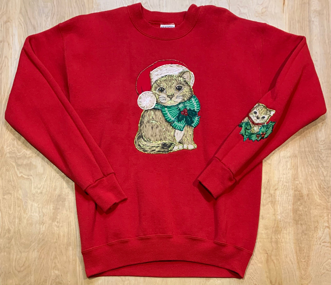 90's Cat In A Santa Hat Embroidered Crewneck