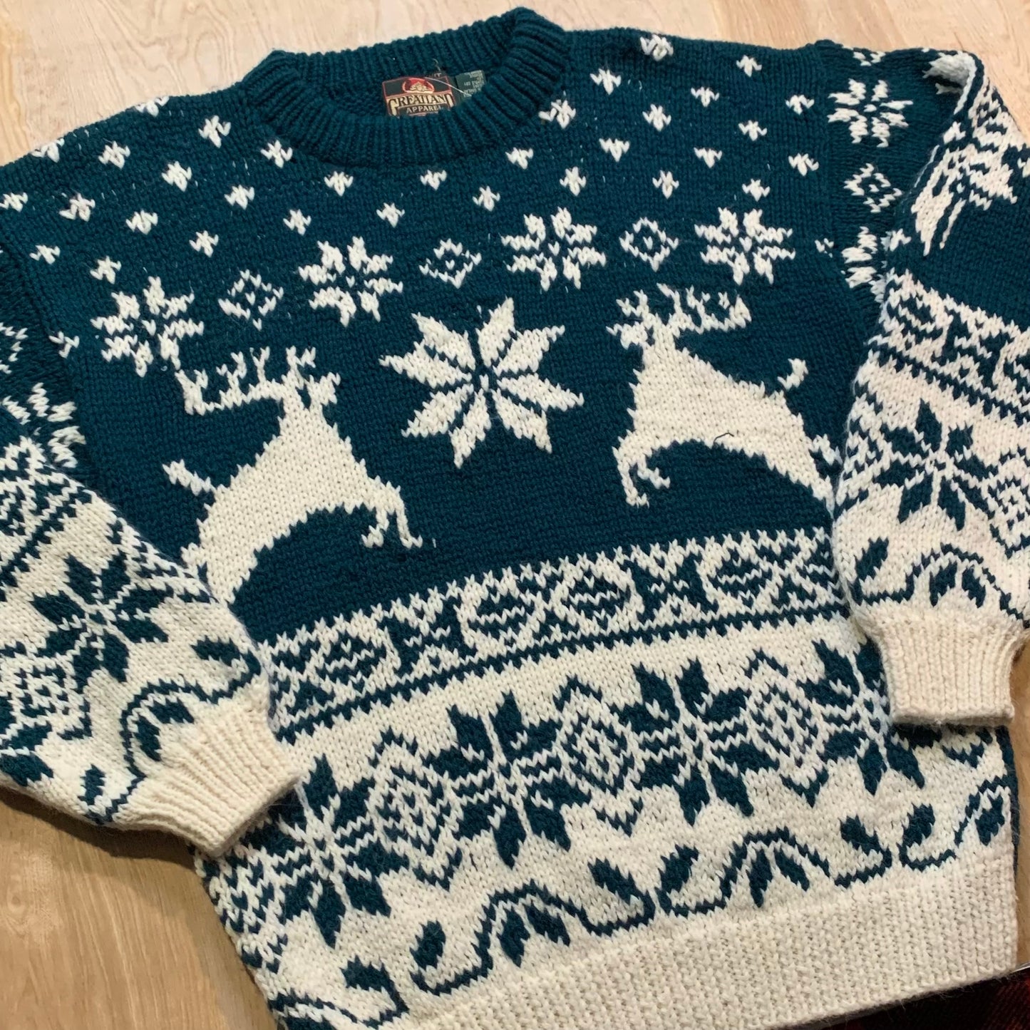 Vintage Hand Knit Reindeer and Snowflakes Holiday Sweater
