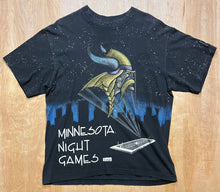 Load image into Gallery viewer, Rare Vintage Minnesota Viking &quot;Night Games&quot; AOP Single Stitch Starter T-Shirt
